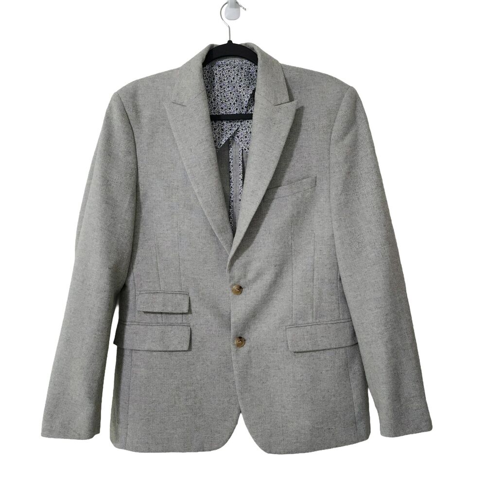 Moss London 40 Men Gray Chevron Slim Fit Tweed Wool-Blend Single-Breasted Blazer
